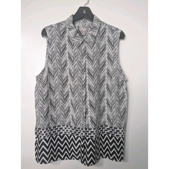 Chico’s Sleeveless Tunic Blouse Hidden Button Up Black White Size 3 (XL) - Picture 1 of 12